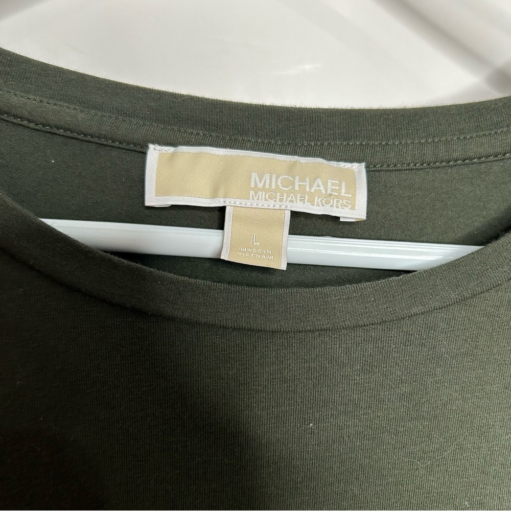 MICHAEL KORS Women Olive Green Stretch Cotton Large Ruched Bodycon T-Shirt Dress - Picture 2 of 4